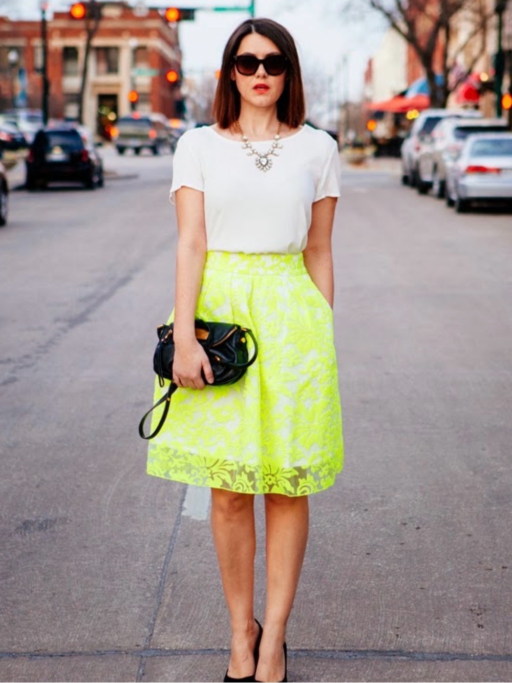 Line & Dot Neon Yellow Floral Skater Skirt